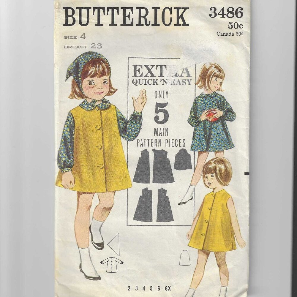 Vintage Butterick Pattern 3486 (Old #) Quick & Easy for Child Size 4 Used